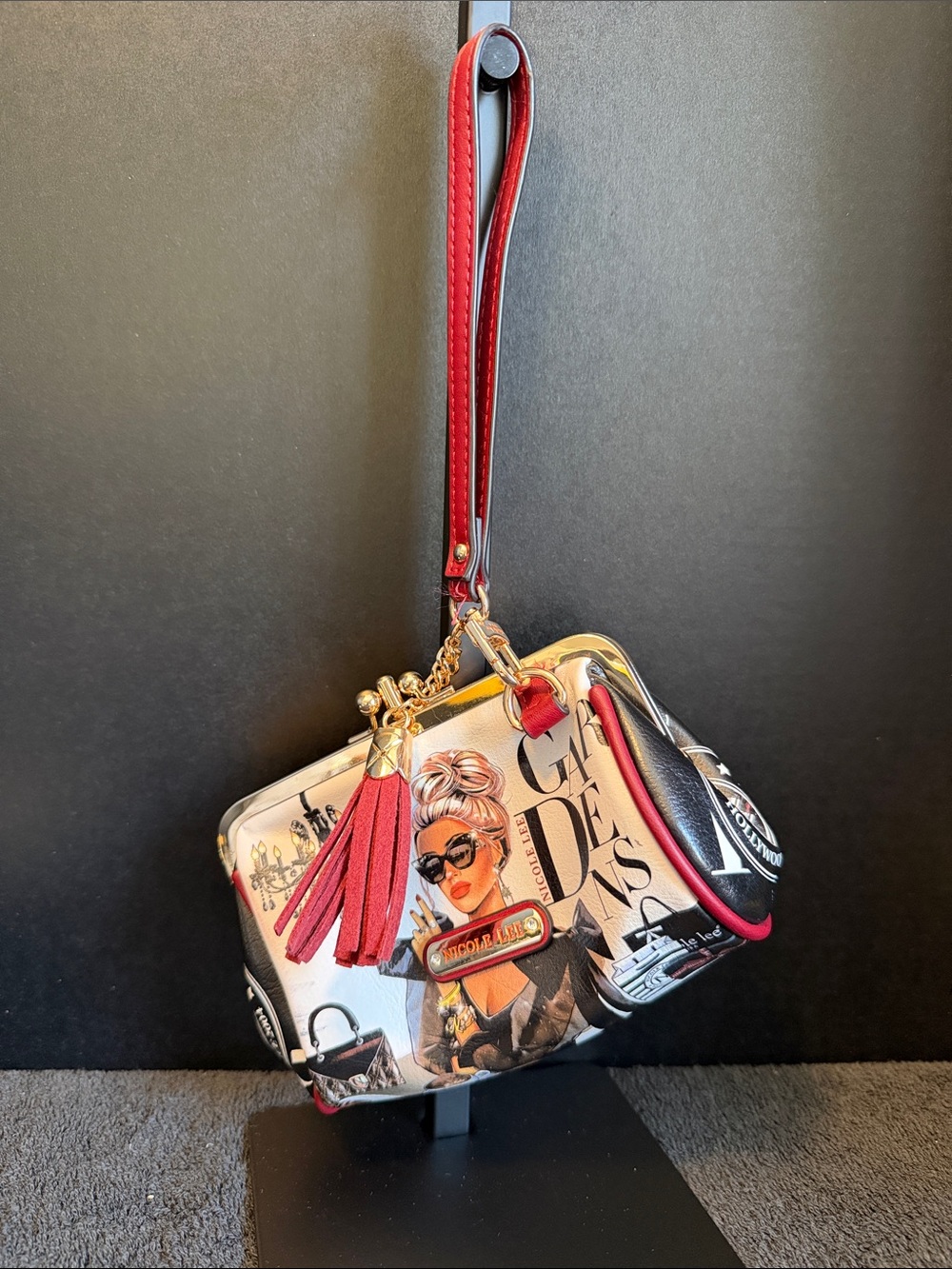 Nicole Lee Red Graphic Wristlet with Gold Accents